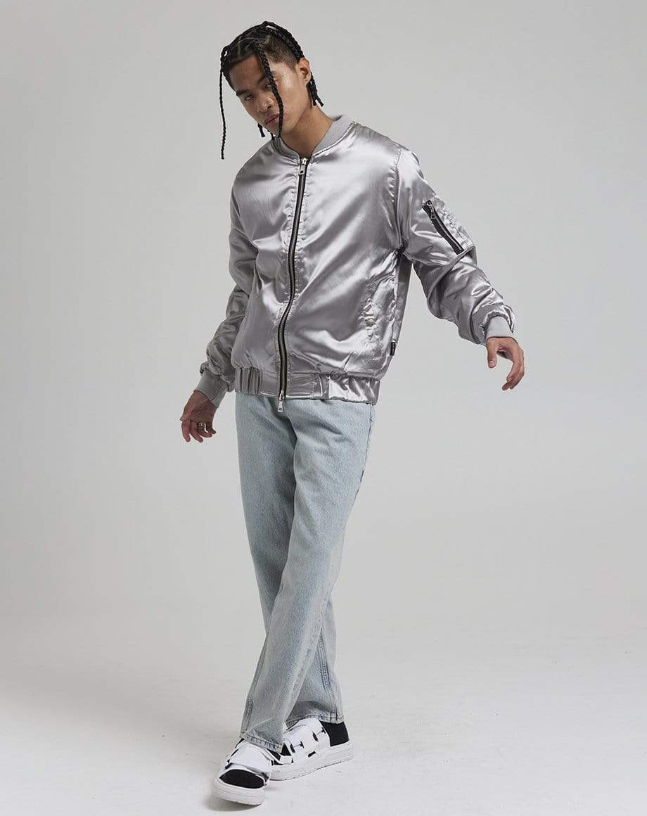 D-STRUCT DON MEN'S SATIN BOMBER JACKET | SILVER