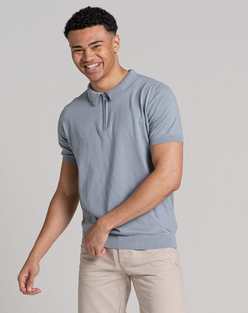 Bellfield Clothing ESSENTIAL SHORT SLEEVE ZIP POLO TOP | LIGHT BLUE