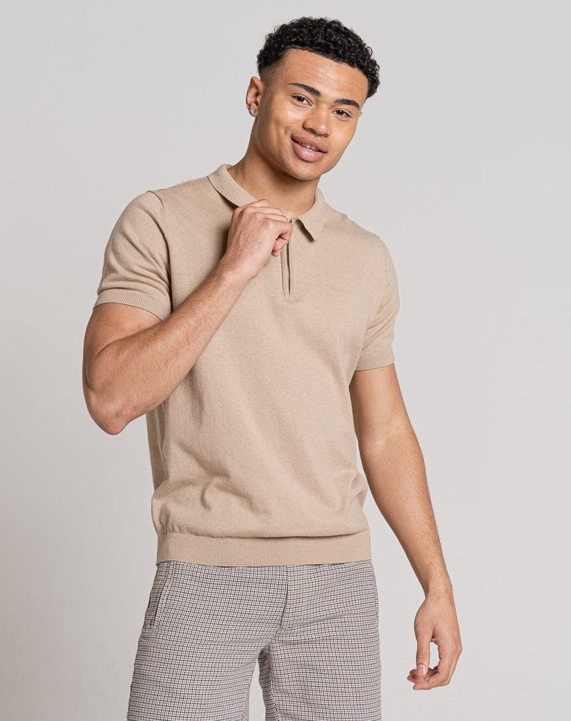 Bellfield Clothing ESSENTIAL SHORT SLEEVE ZIP POLO TOP | LIGHT STONE MARL