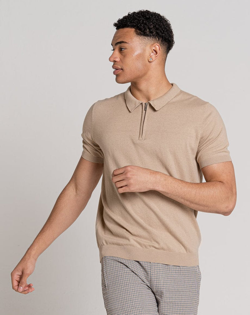 Bellfield Clothing ESSENTIAL SHORT SLEEVE ZIP POLO TOP | LIGHT STONE MARL