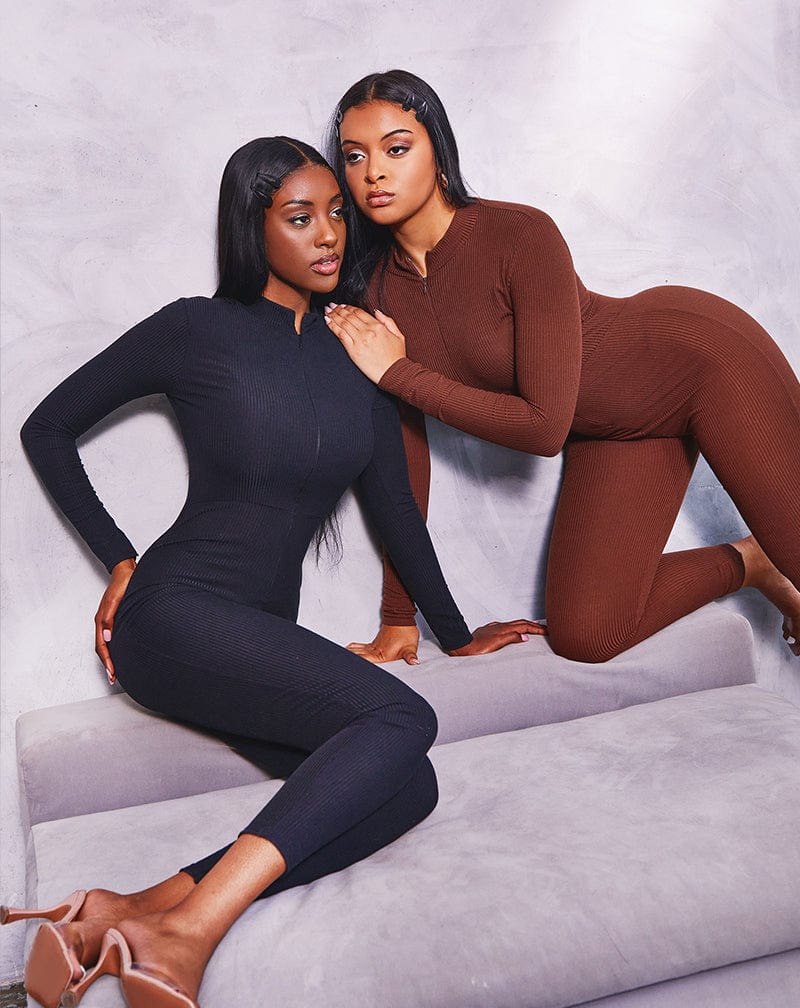 BLFD Clothing Avril Fitted Ribbed All-In-One Half Zipped Bodysuit - Chocolate