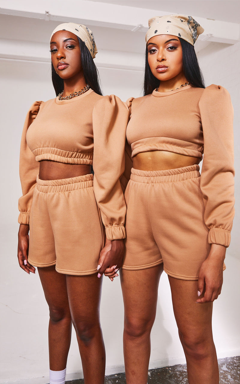 BLFD Clothing Puff Sleeve Cropped Top & Short Lounge Set - Beige