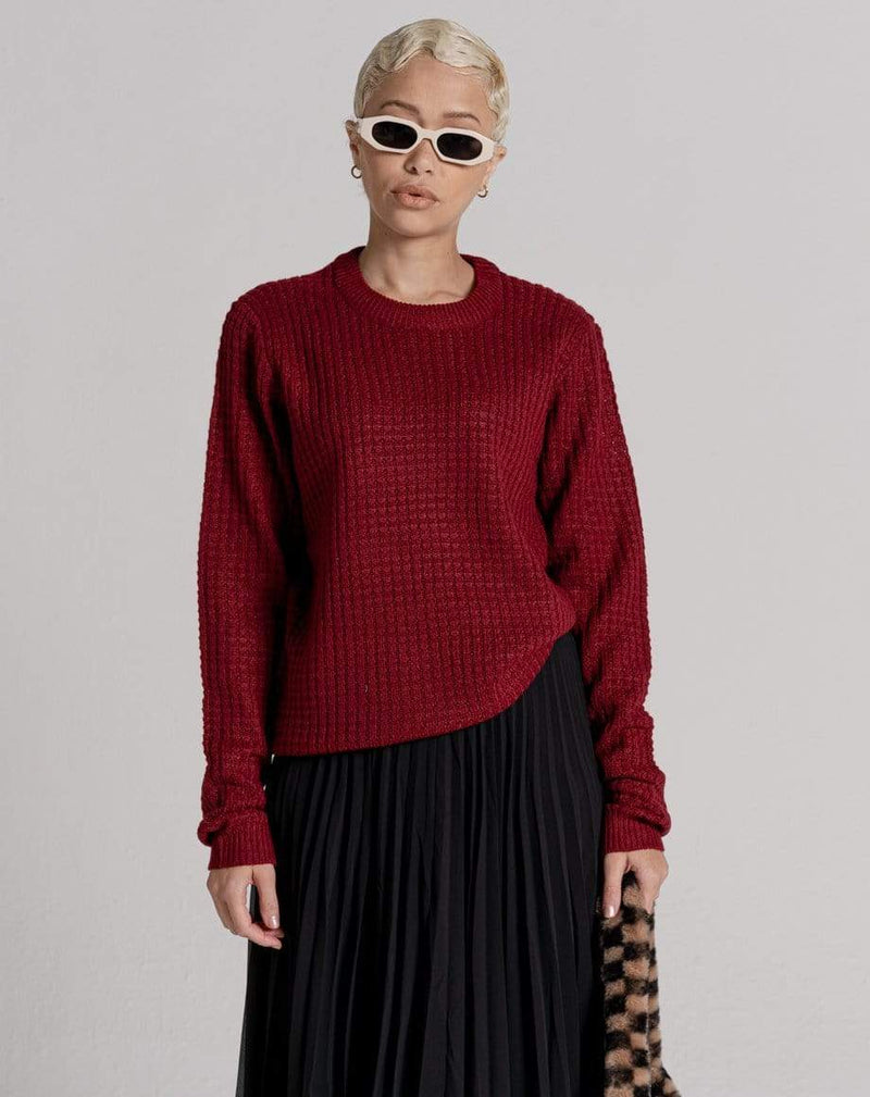 D-STRUCT BJORN UNISEX CREW NECK WAFFLE KNIT JUMPER | BURGUNDY