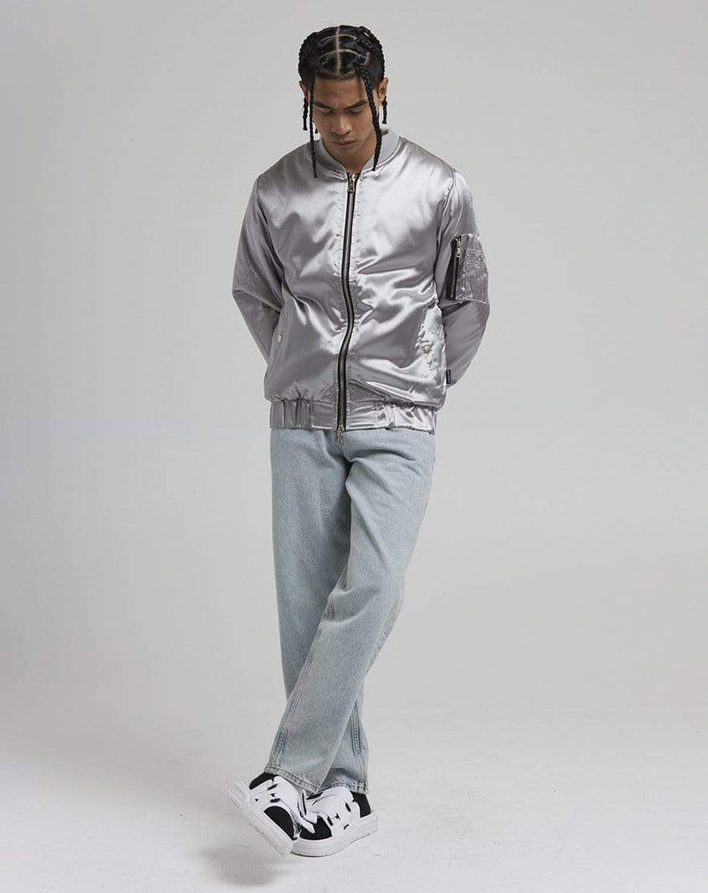 D-STRUCT DON MEN'S SATIN BOMBER JACKET | SILVER