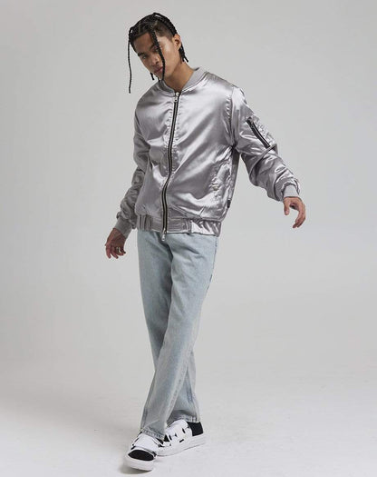D-STRUCT DON MEN'S SATIN BOMBER JACKET | SILVER