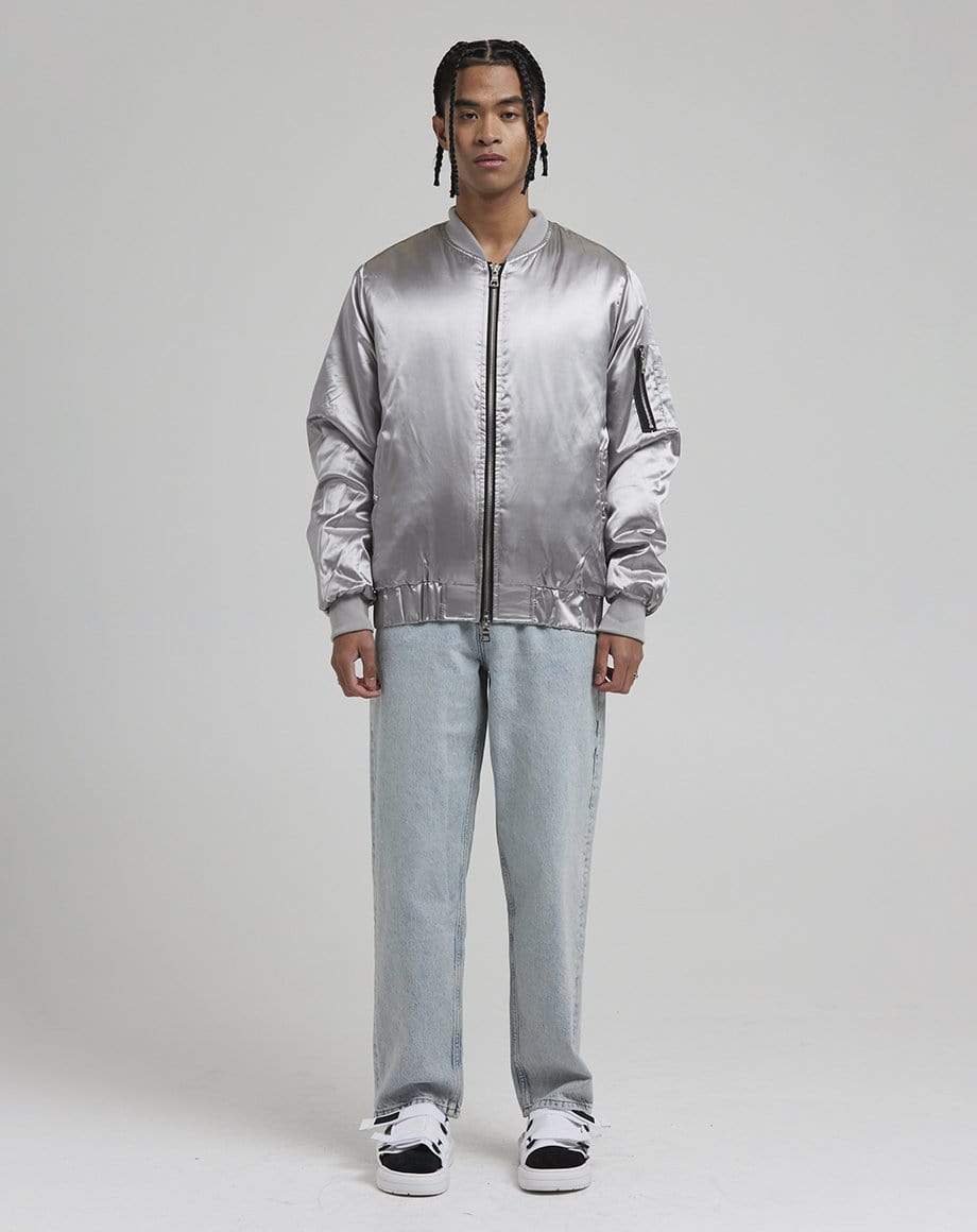 D-STRUCT DON MEN'S SATIN BOMBER JACKET | SILVER