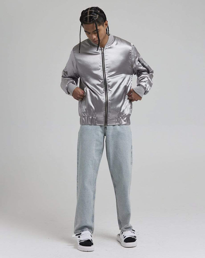 D-STRUCT DON MEN'S SATIN BOMBER JACKET | SILVER