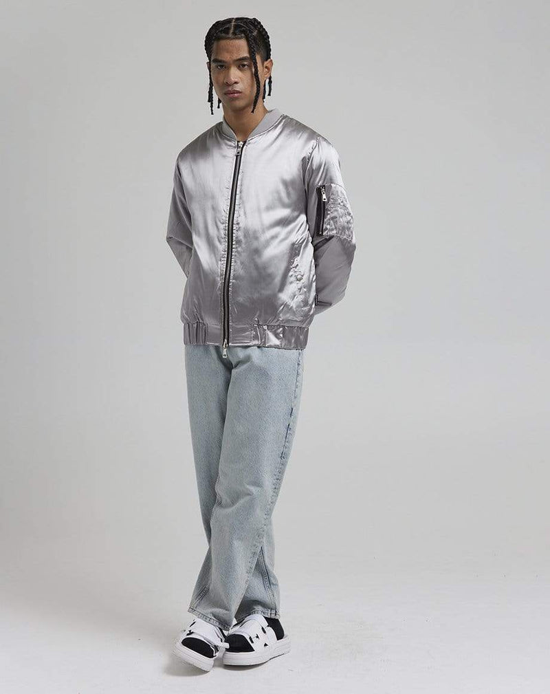 D-STRUCT DON MEN'S SATIN BOMBER JACKET | SILVER