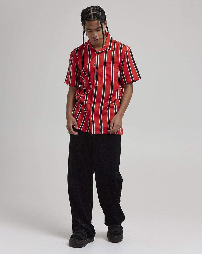 D-STRUCT KORONA MEN'S STRIPE CUBAN COLLAR SHIRT | RED