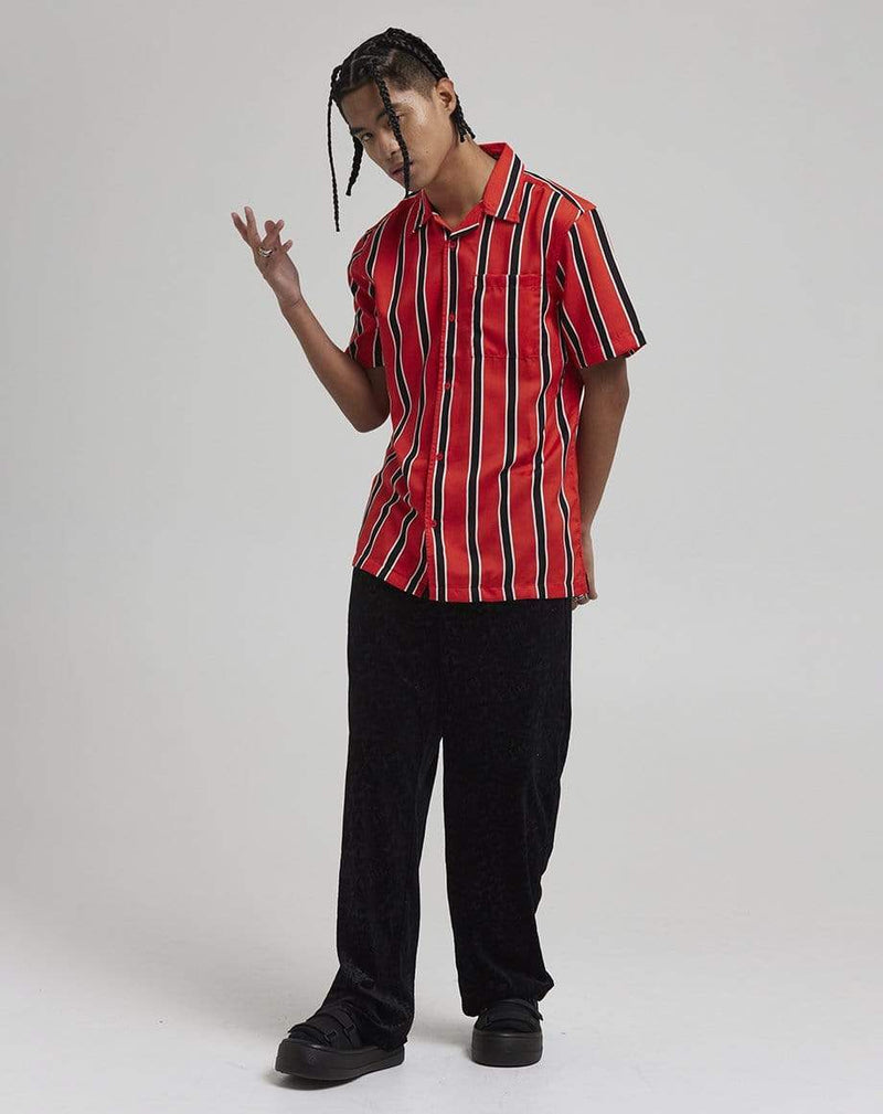 D-STRUCT KORONA MEN'S STRIPE CUBAN COLLAR SHIRT | RED