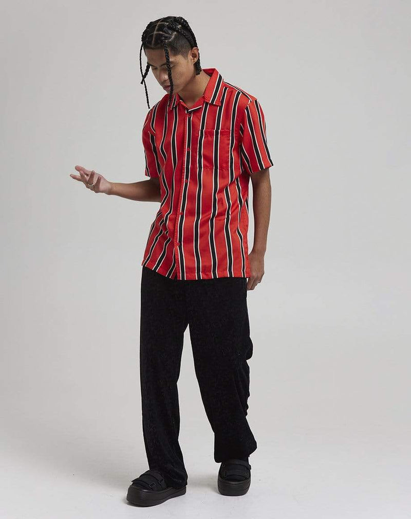 D-STRUCT KORONA MEN'S STRIPE CUBAN COLLAR SHIRT | RED