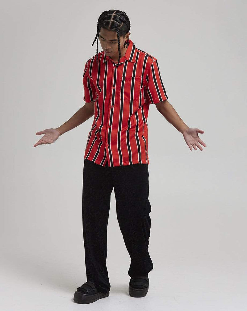 D-STRUCT KORONA MEN'S STRIPE CUBAN COLLAR SHIRT | RED