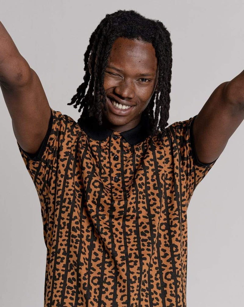 D-STRUCT REDONDO UNISEX ANIMAL PRINT STRIPE POLO SHIRT | BLACK