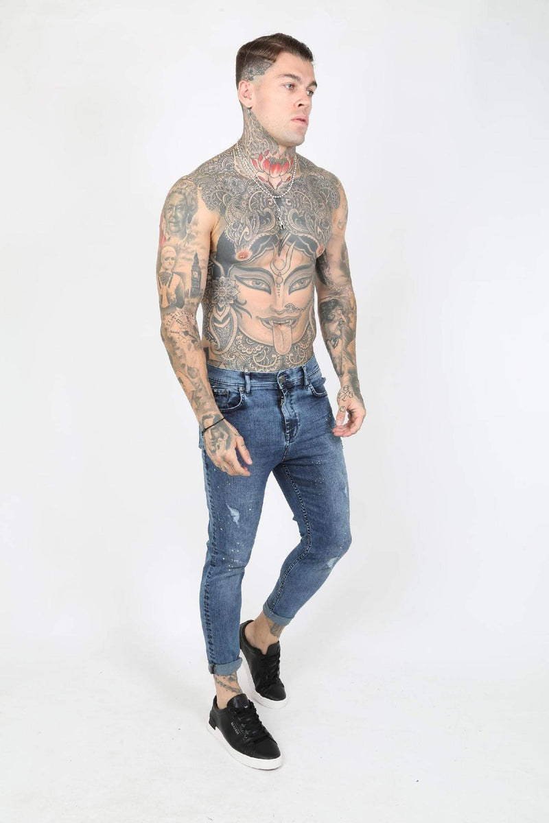 Judas Sinned Clothing Judas Sinned Harley Paint Splatter Ripped Men's Skinny Jeans - Blue Vintage Wash