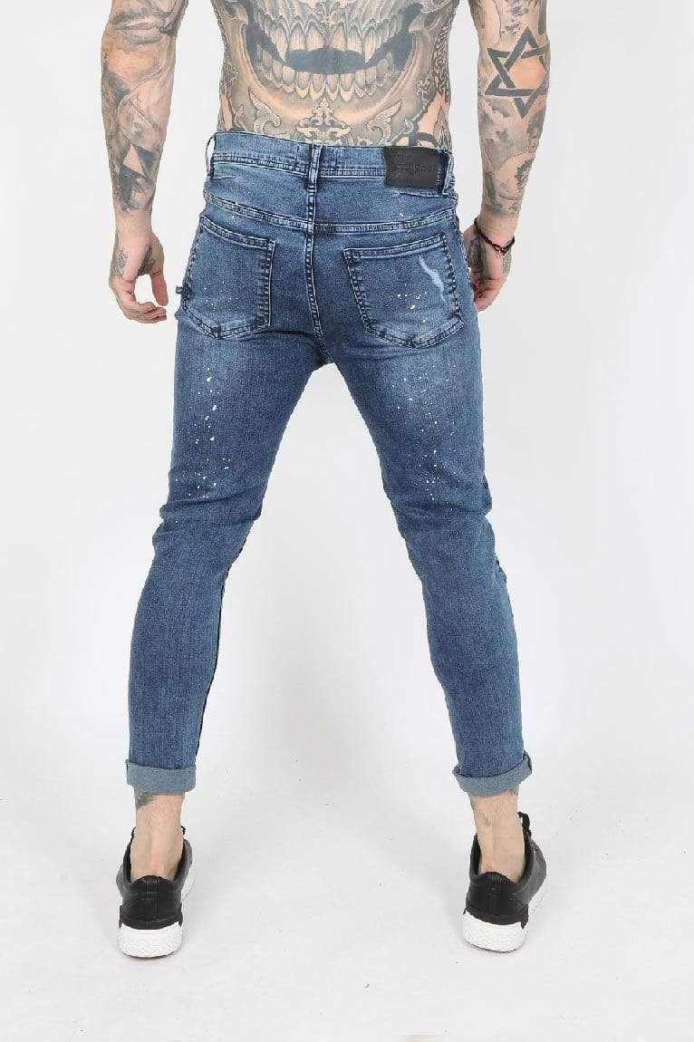 Judas Sinned Clothing Judas Sinned Harley Paint Splatter Ripped Men's Skinny Jeans - Blue Vintage Wash