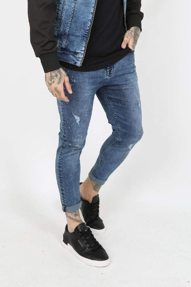 Judas Sinned Clothing Judas Sinned Harley Paint Splatter Ripped Men's Skinny Jeans - Blue Vintage Wash