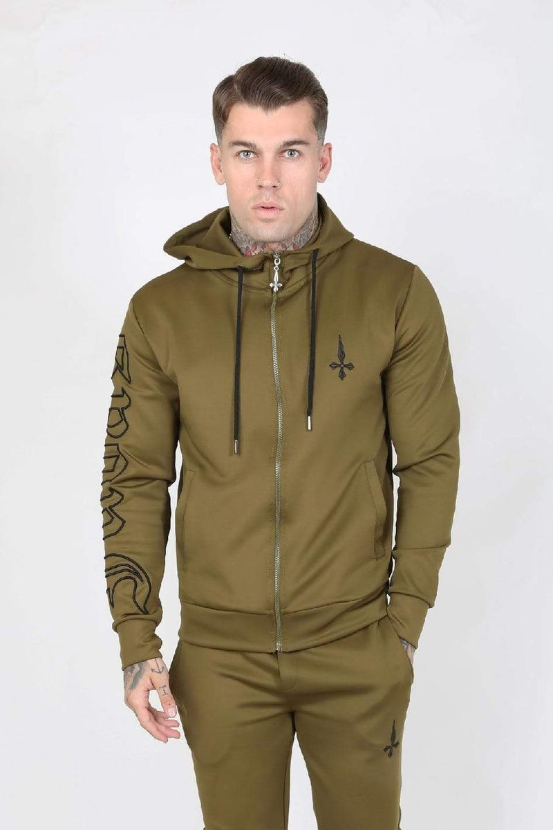 Judas Sinned Clothing Judas Sinned Outline Embroidery Scuba Zip Men's Hoodie - Khaki