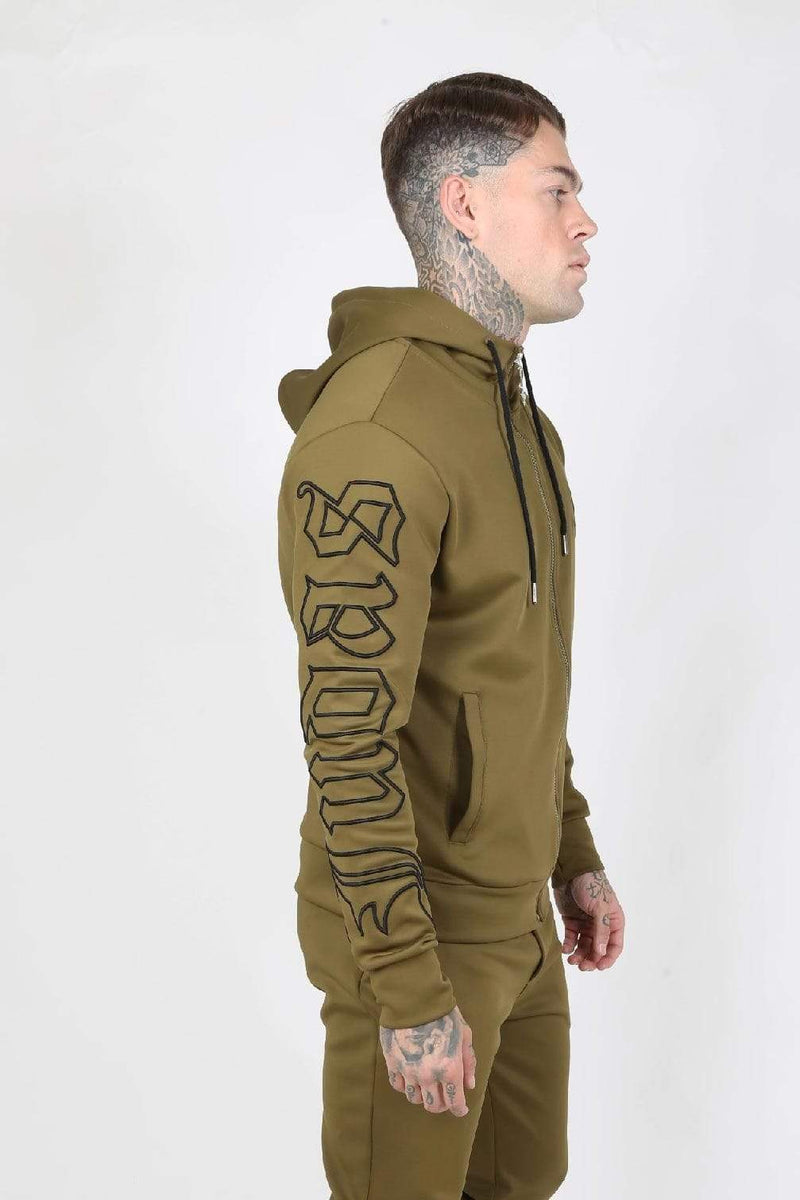 Judas Sinned Clothing Judas Sinned Outline Embroidery Scuba Zip Men's Hoodie - Khaki