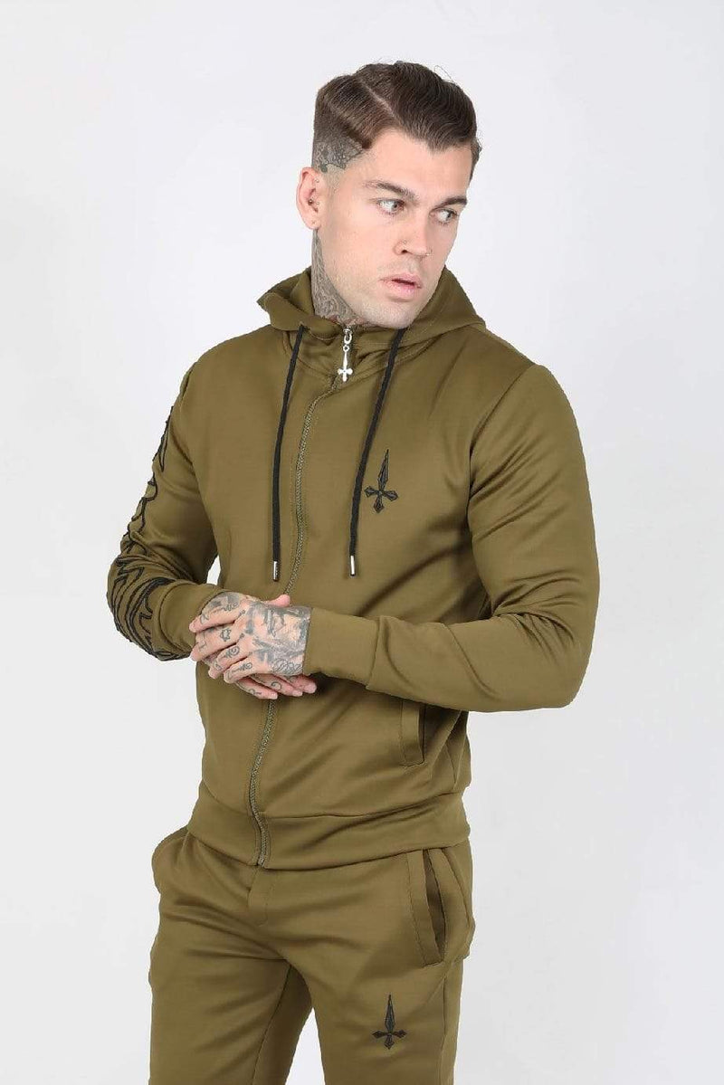 Judas Sinned Clothing Judas Sinned Outline Embroidery Scuba Zip Men's Hoodie - Khaki