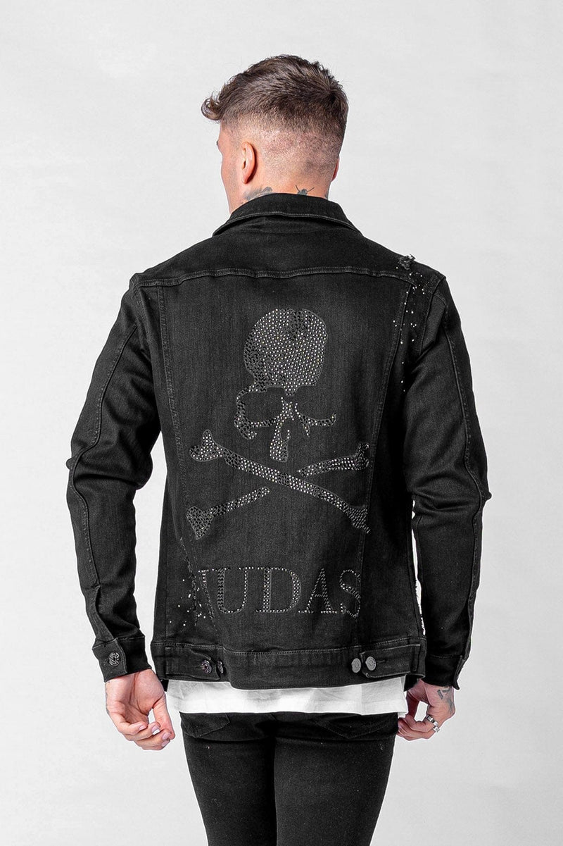 Judas Sinned Clothing Motion Crystal Skull Zip Denim Jacket - Black