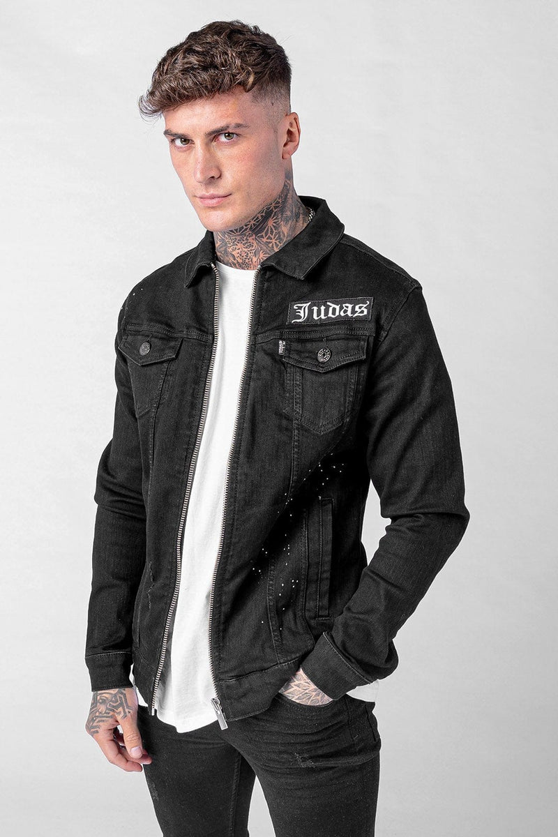 Judas Sinned Clothing Motion Crystal Skull Zip Denim Jacket - Black