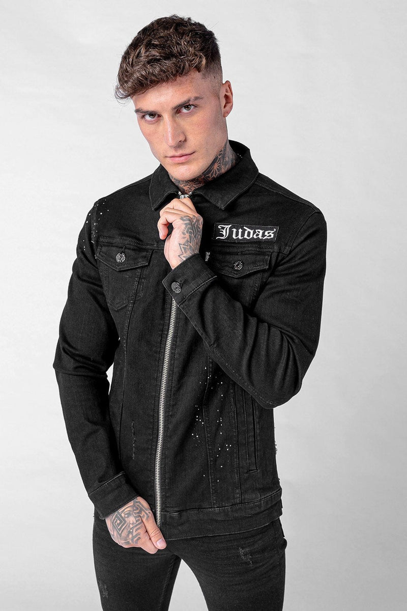 Judas Sinned Clothing Motion Crystal Skull Zip Denim Jacket - Black