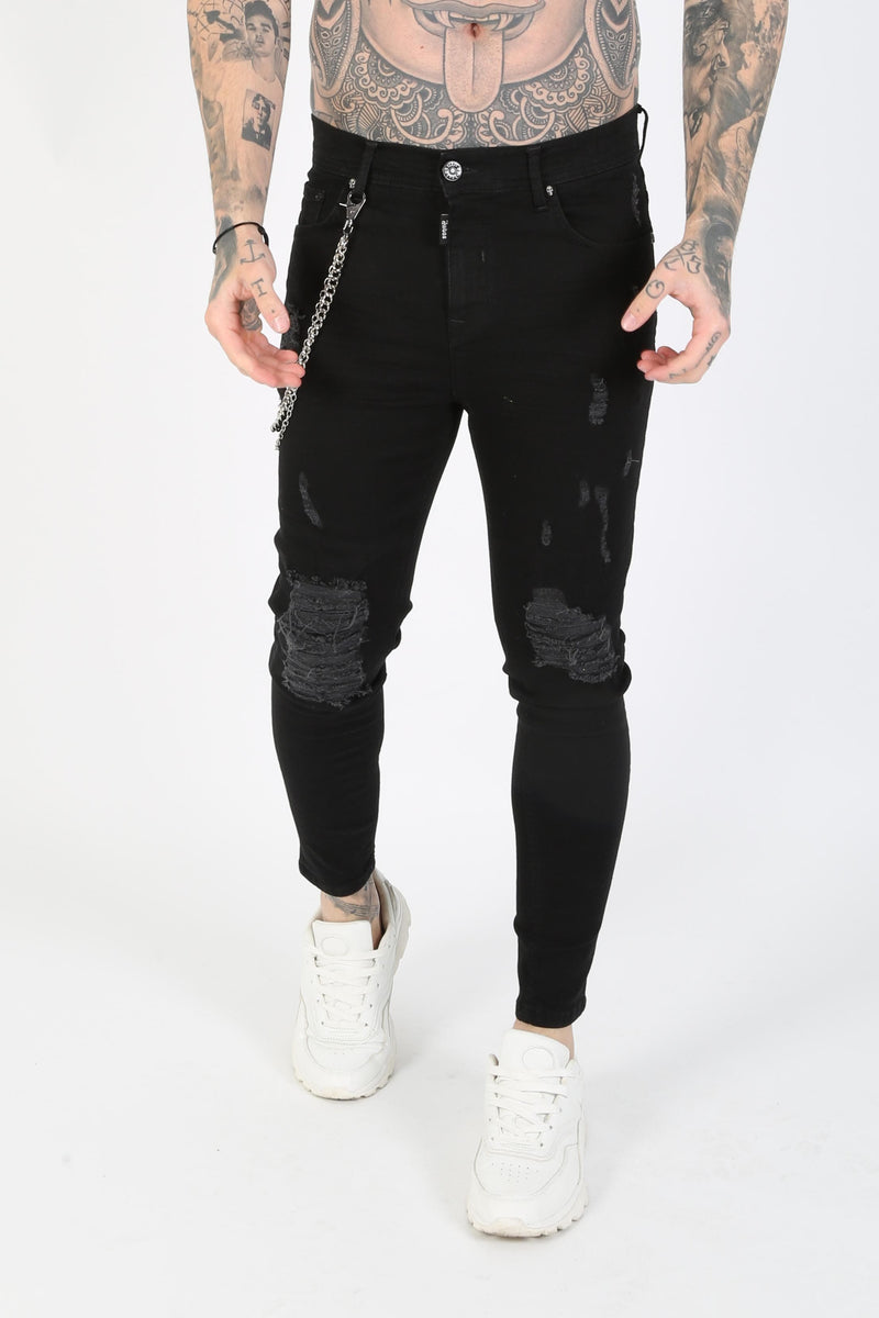 Judas Sinned Clothing Ripped Chain Detail Ripped Skinny Jeans - Black