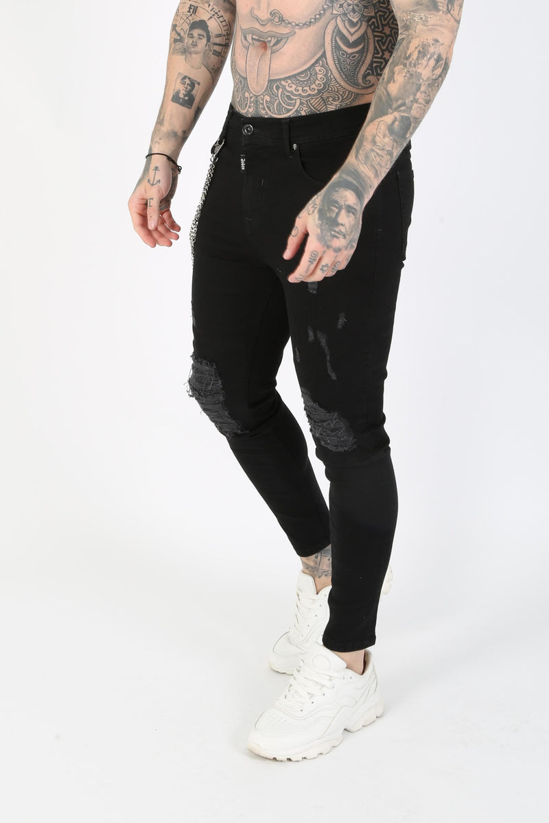 Judas Sinned Clothing Ripped Chain Detail Ripped Skinny Jeans - Black