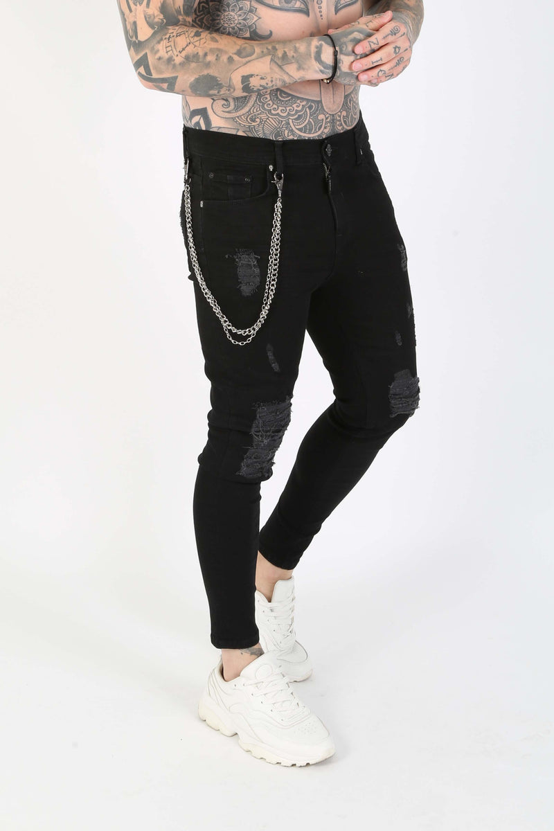 Judas Sinned Clothing Ripped Chain Detail Ripped Skinny Jeans - Black