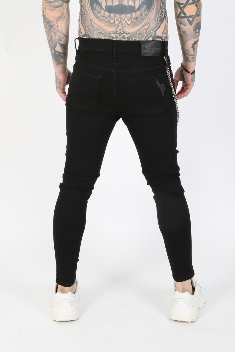 Judas Sinned Clothing Ripped Chain Detail Ripped Skinny Jeans - Black